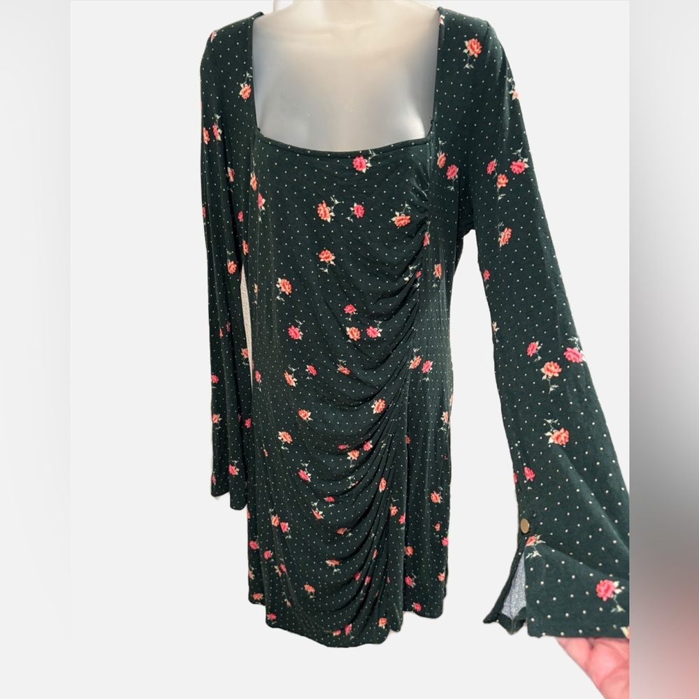 Free People | Celia Mini Dress - Emerald Jewel Floral/Polka Dot Print - Ruched - Picture 7 of 13